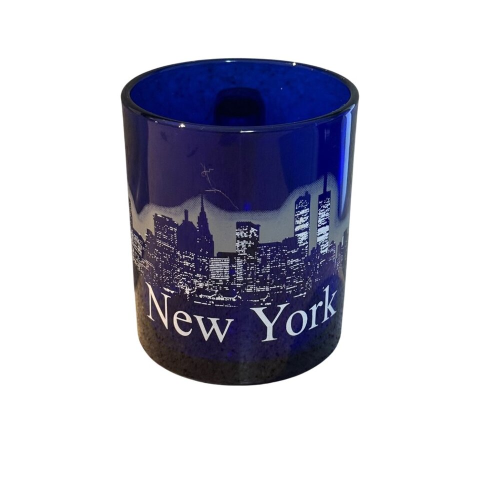 Vintage New York Skyline Cobalt Blue Glass Coffee Mug‎ Cup Twin Towers Souvenir
